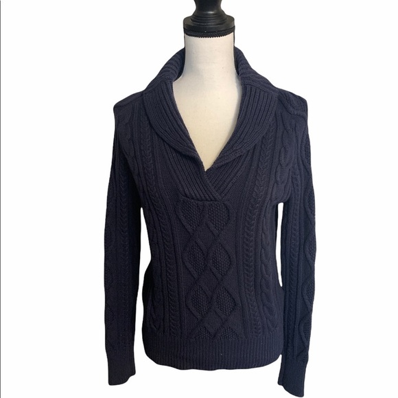 Eddie Bauer Tops - Women’s Eddie Bauer pull over blue cable knit sweater. Petite Medium.